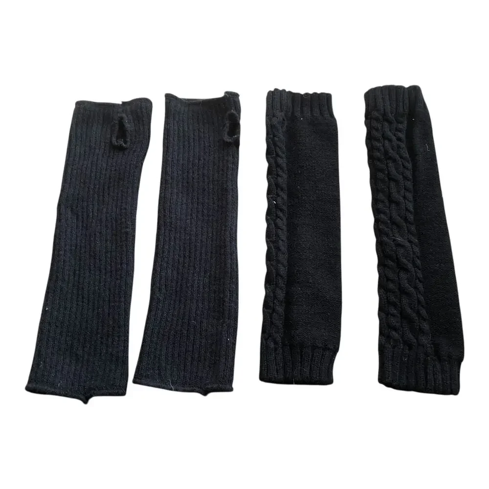 Arm Warmers Fingerless Gloves Ribbed And Cable Knit Sleeve Thumbhole Black 2 Pr